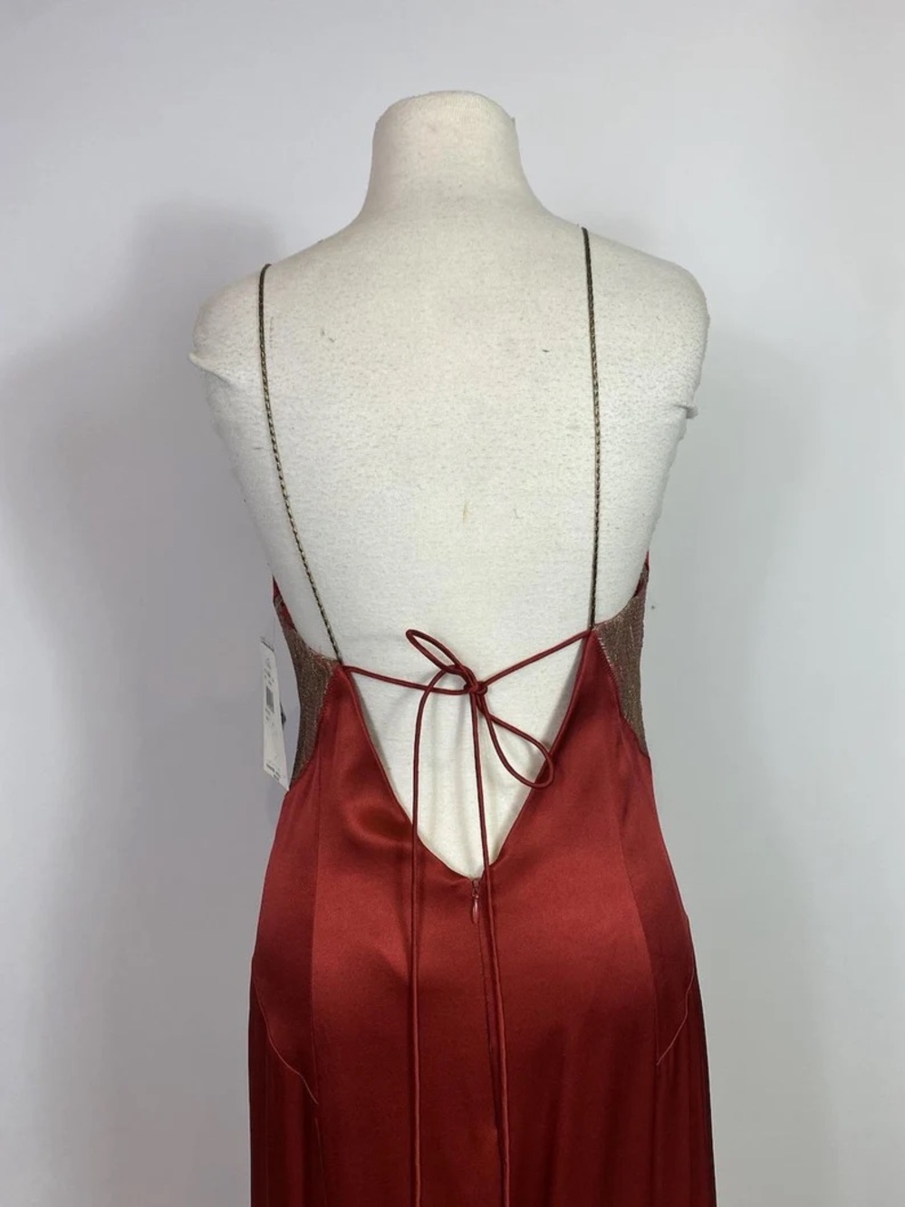 1990s - Y2K Nicole Miller Red Silk Satin and Gold Lace Gown Deadstock NWT - Picture 6 of 10